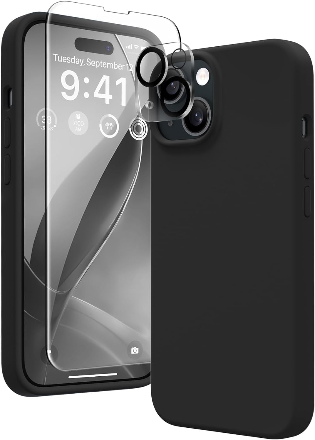 Entronix Bundle Compatible with iPhone 15 Plus - Liquid Silicone Case, 1 Clear Screen Protector & 1 Camera Lens Protector