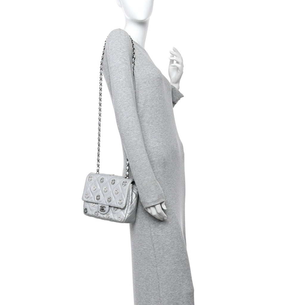 Perforated Metallic Lambskin Small CC Medals Flap Silver