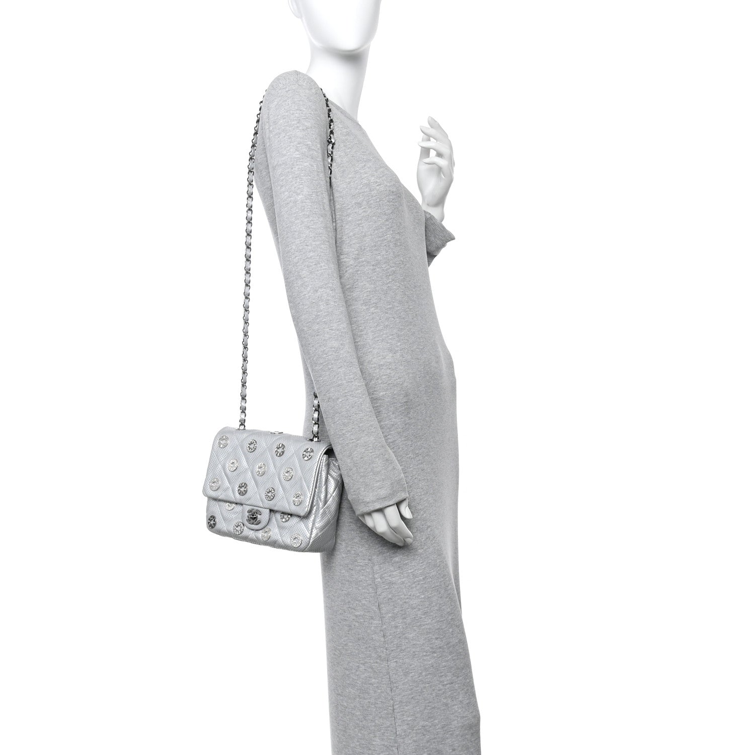 Perforated Metallic Lambskin Small CC Medals Flap Silver