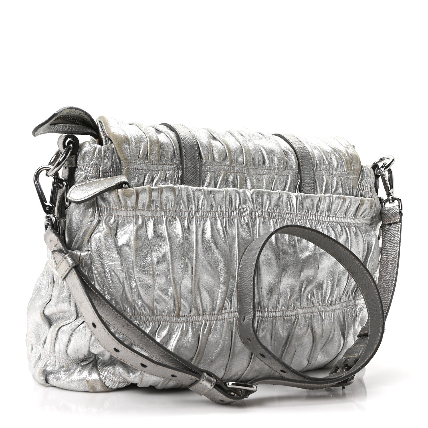 Metallic Nappa Gaufre Messenger Tote Argento
