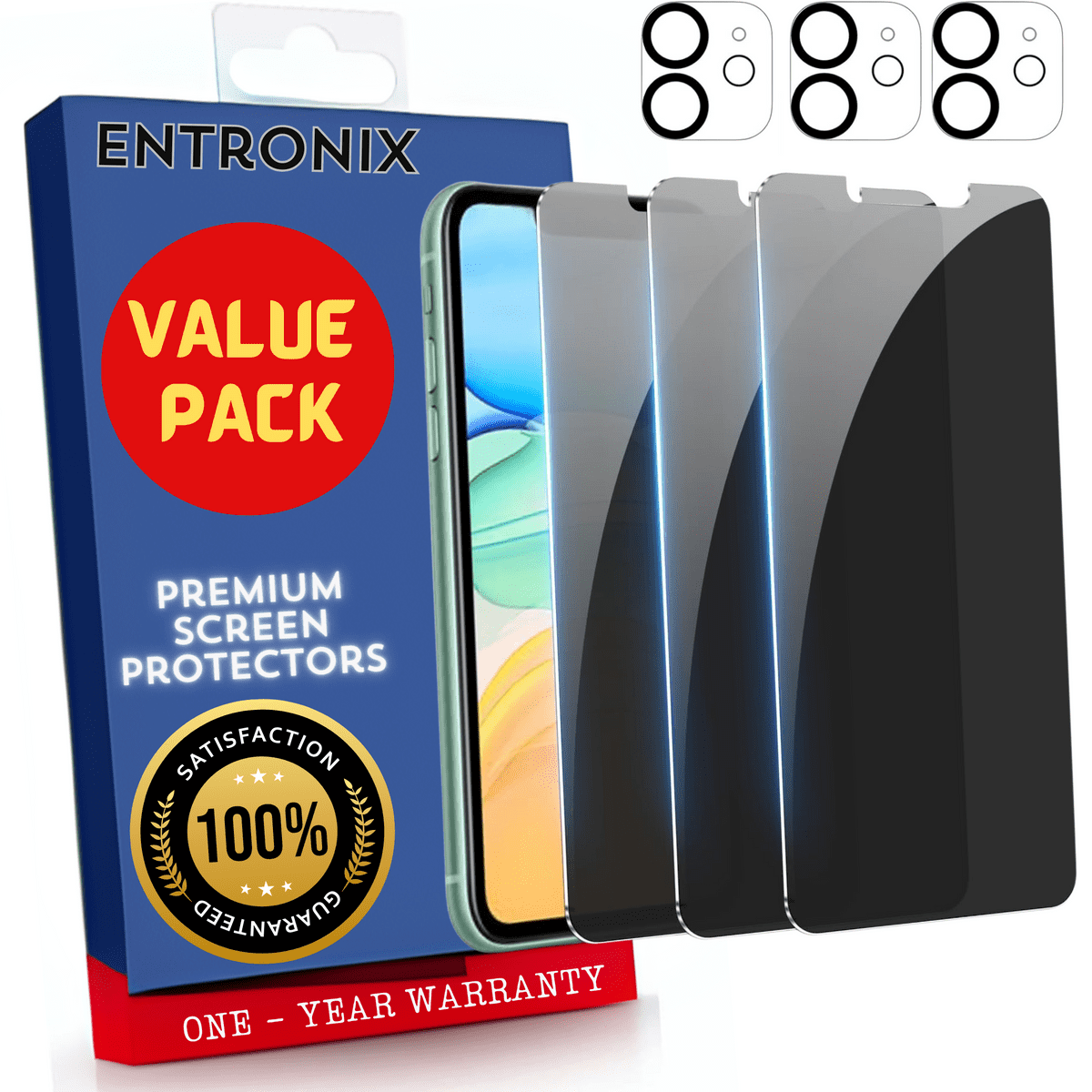 Entronix Anti-Spy Privacy Screen Protector & Camera Lens Protector Compatible with iPhone 11 - 6-Piece Combo