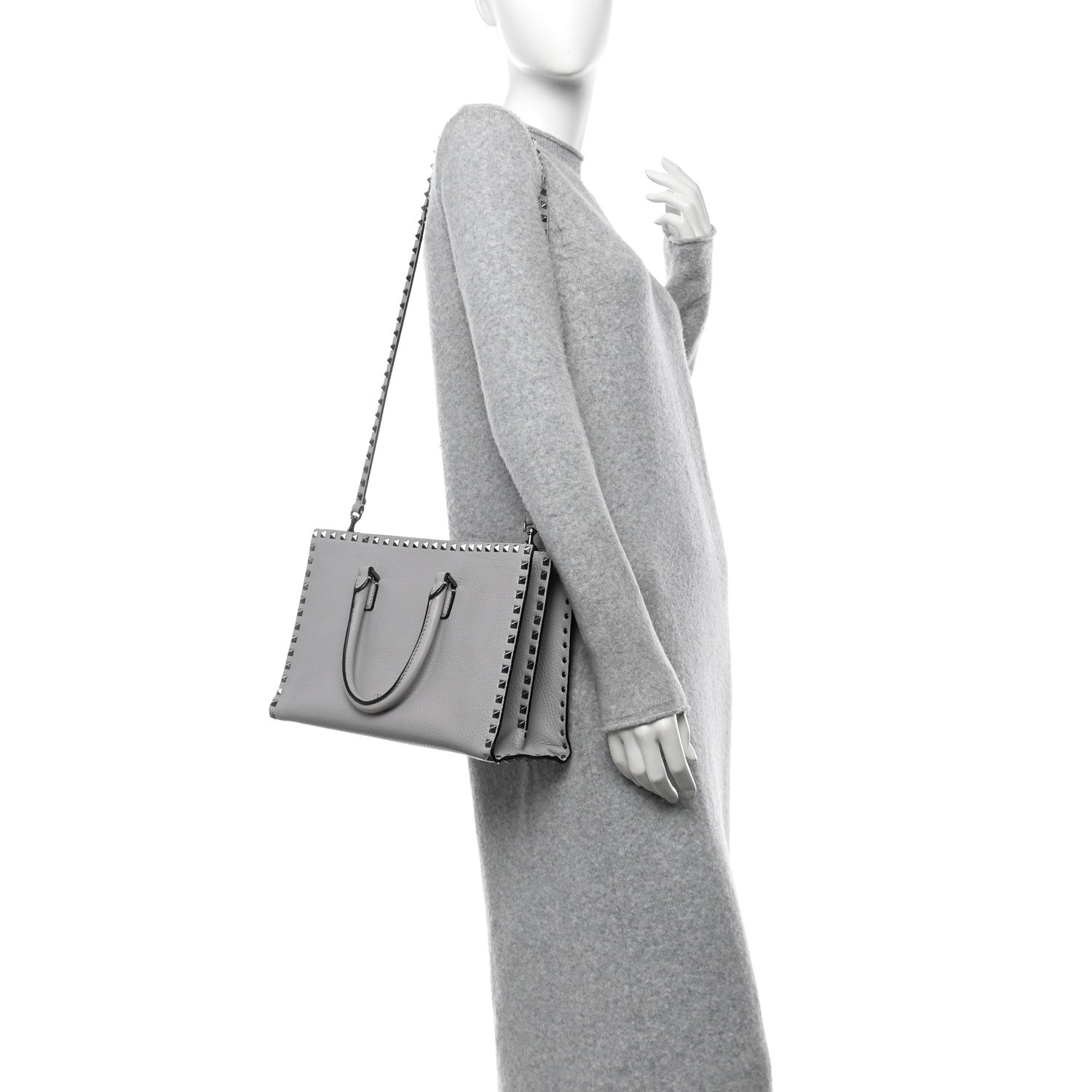 Grained Calfskin Medium Rockstud Double Handle Horizontal Tote Pastel Grey