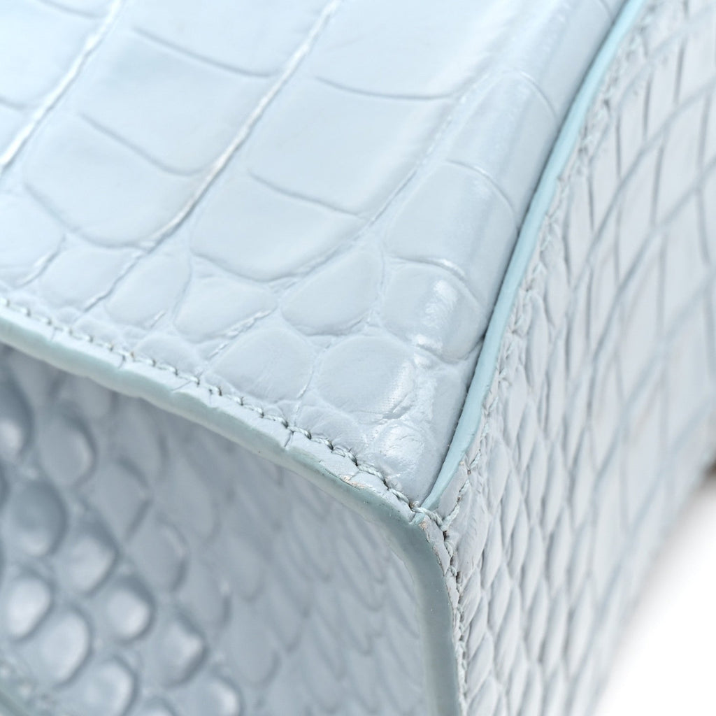 Shiny Calfskin Crocodile Embossed Small Hourglass Top Handle Bag Blue Grey