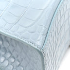 Shiny Calfskin Crocodile Embossed Small Hourglass Top Handle Bag Blue Grey
