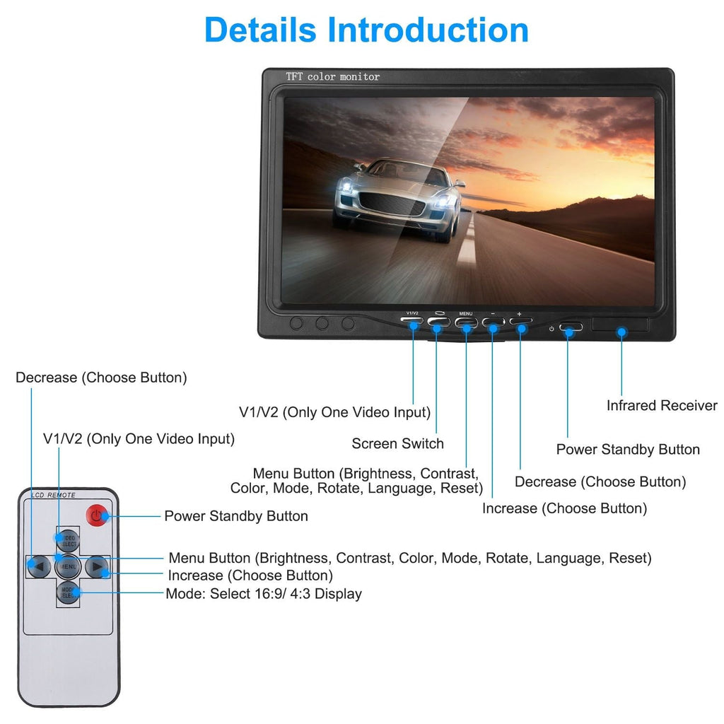 7In Screen Backup Camera System Vehicle Rear View Monitor Kit IP67 Waterproof Car Parking Reverse System with Night Vision for Car Trunk Van SUV - Cord Version
