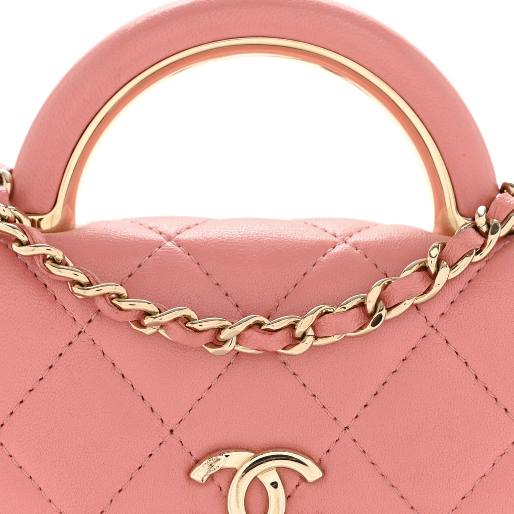 Lambskin Quilted Top Handle Flap Clutch With Chain Pink
