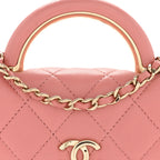 Lambskin Quilted Top Handle Flap Clutch With Chain Pink