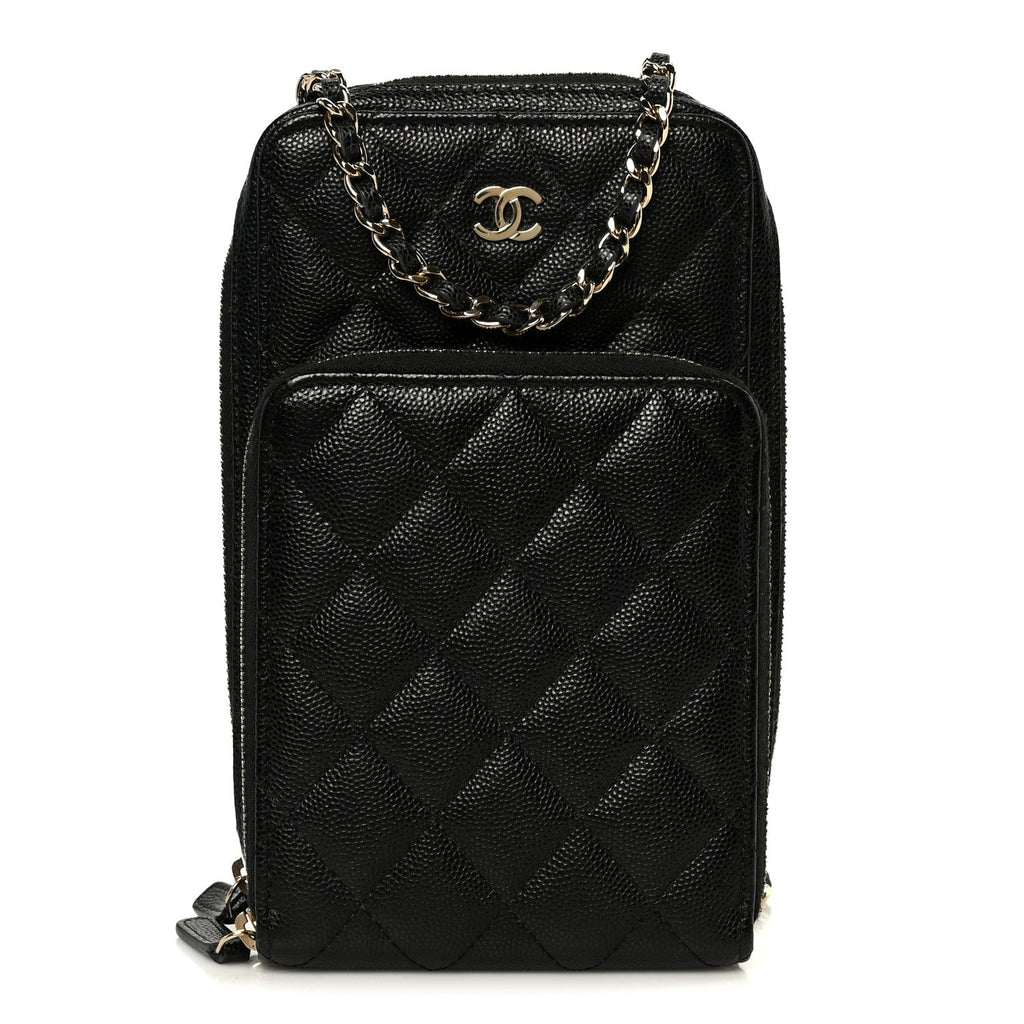 Caviar Quilted Phone Holder With Chain Black