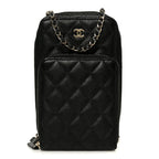 Caviar Quilted Phone Holder With Chain Black