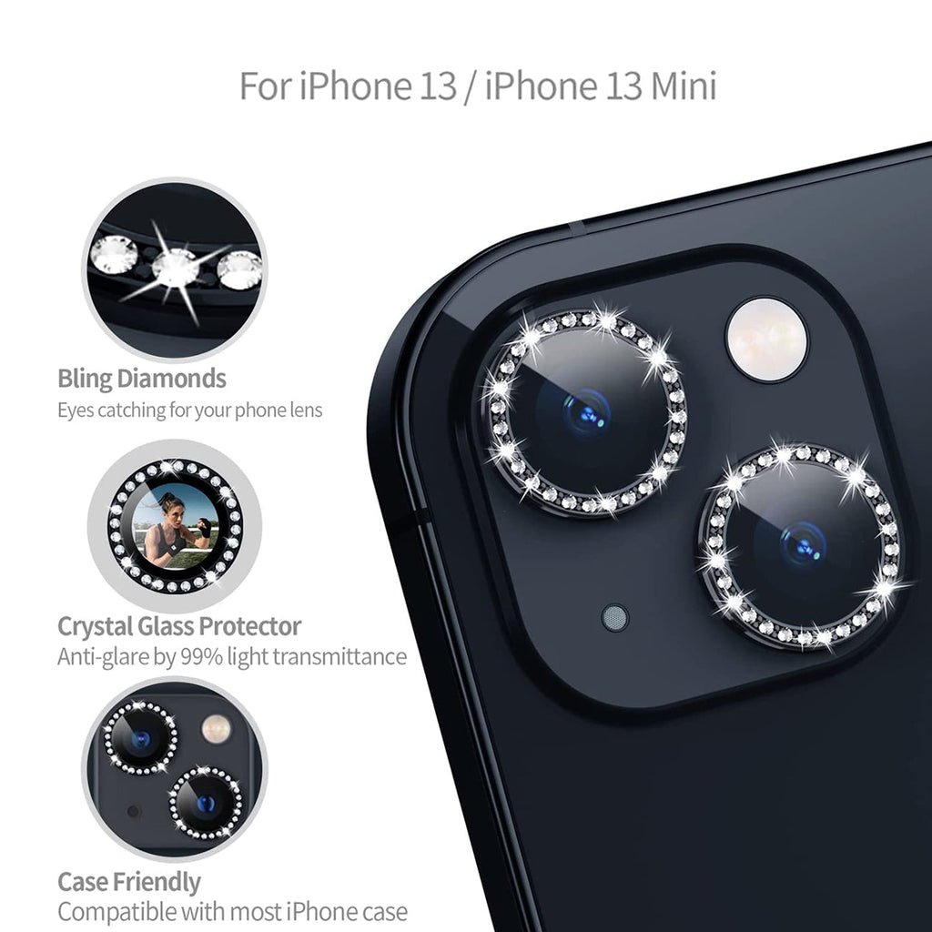 Diamond Camera Lens Protector, Diamond Tempered Glass Camera Cover Screen Protector For Iphone 14 / Iphone 14 Plus  In Black