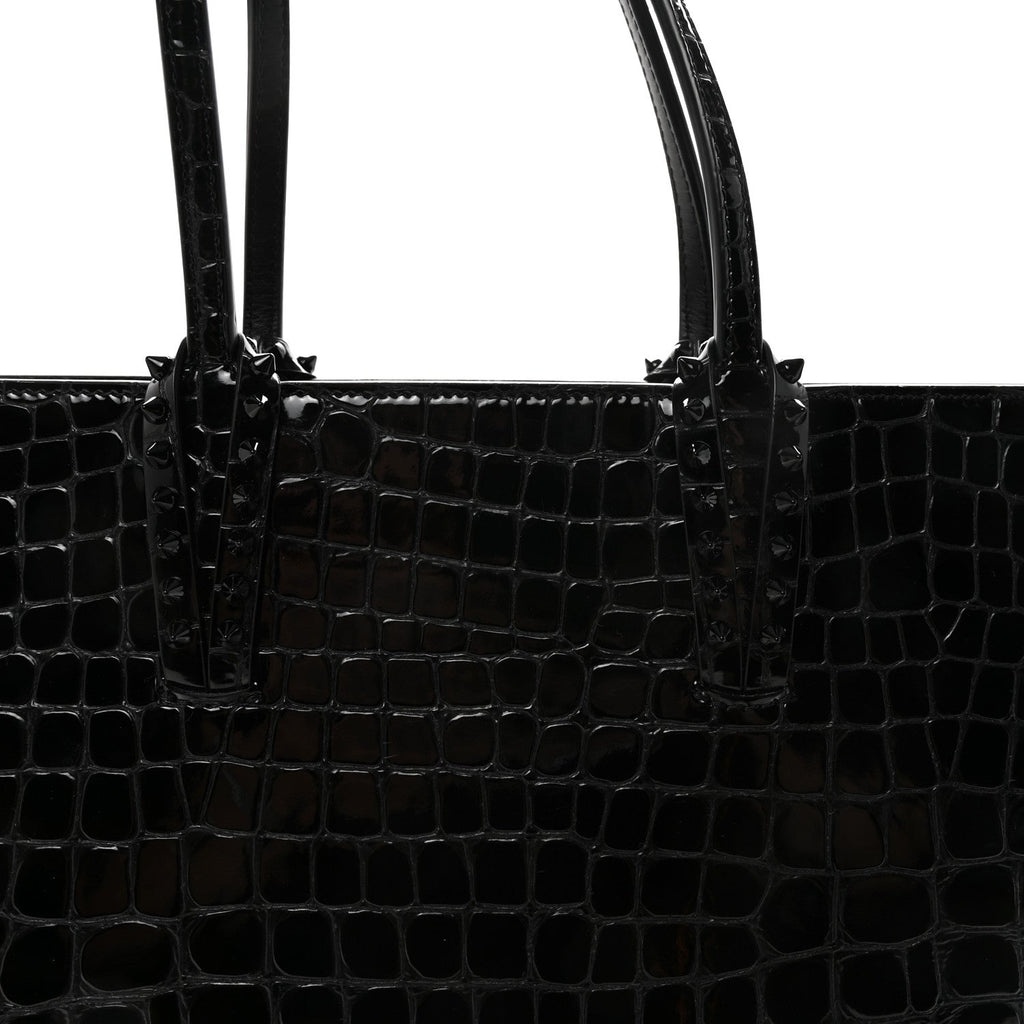 Patent Calfskin Crocodile Embossed Spikes Zipped Cabata Tote Black