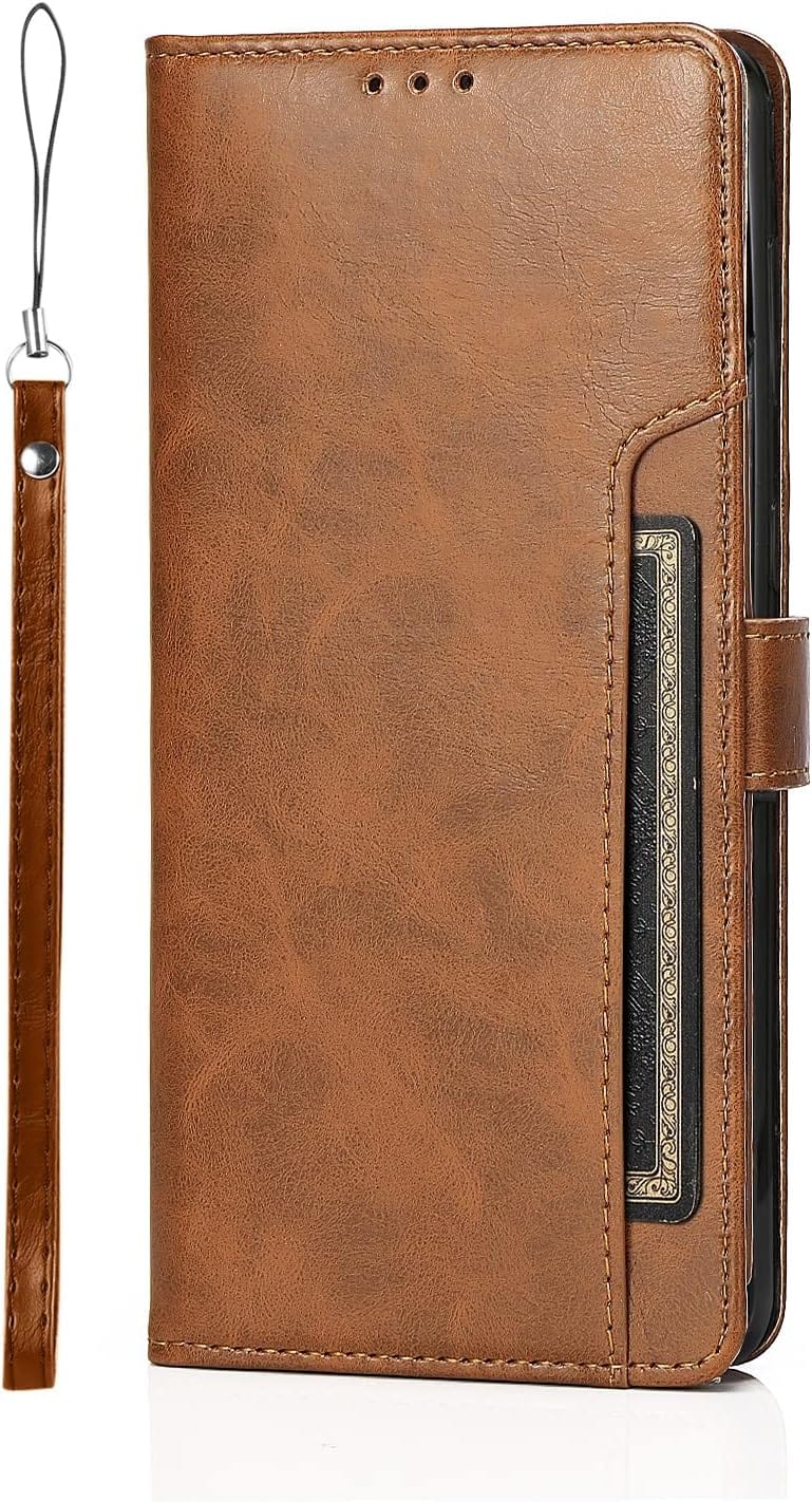 SAHARA - Bundle: Folio Brown Leather Wallet Case with Tempered Glass Screen and Camera Protector - Samsung Galaxy S23