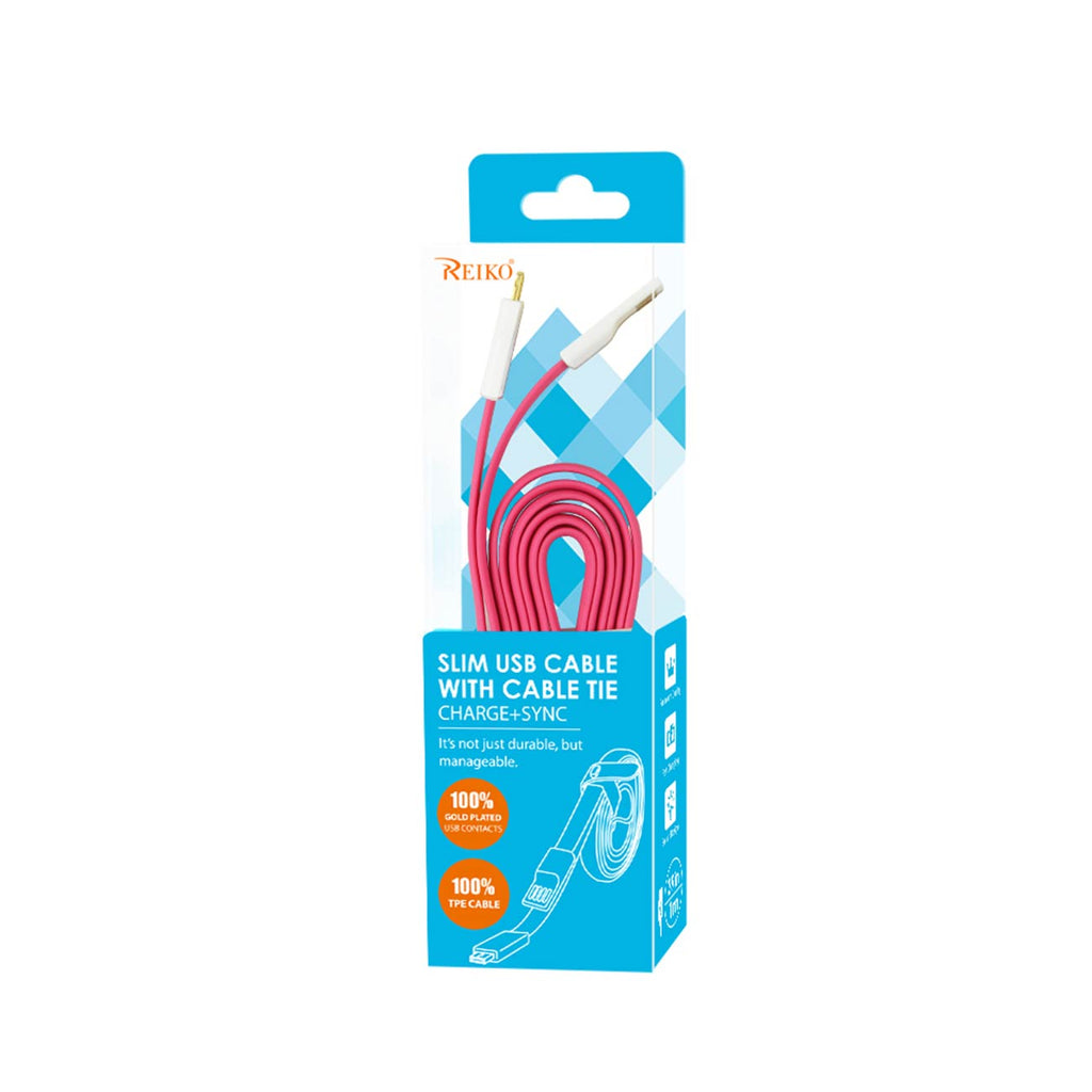 Reiko Flat Micro Usb Gold Plated Data Cable 3.9Ft With Cable Tie In Hot Pink