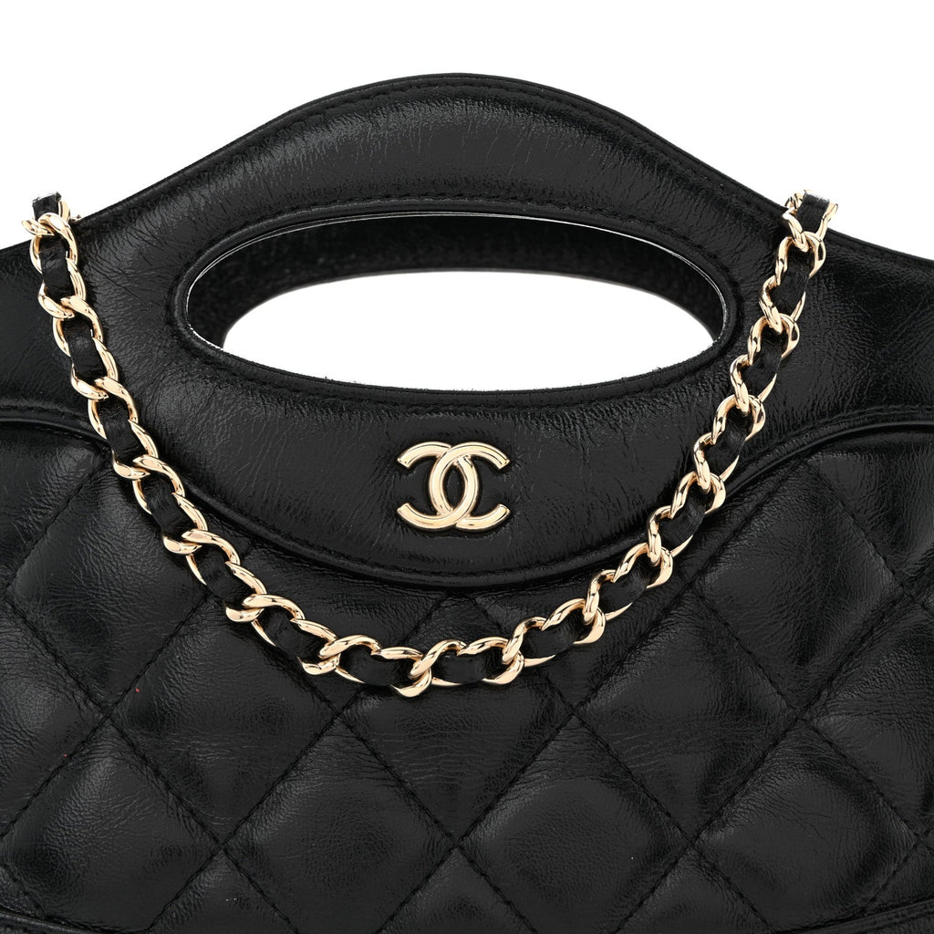 Shiny Crumpled Calfskin Quilted Nano 31 Shopping Bag Black