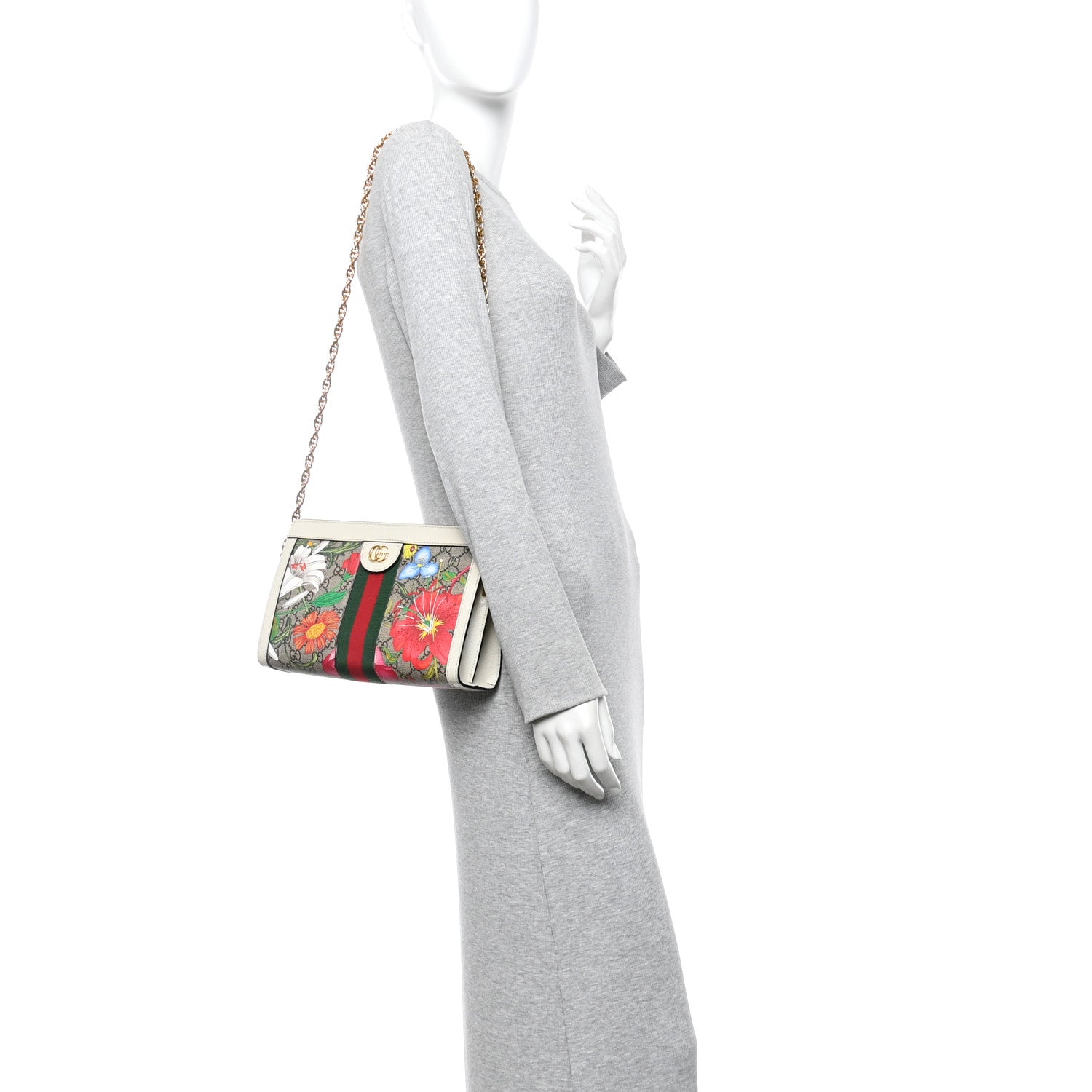 GG Supreme Monogram Flora Web Small Ophidia Chain Shoulder Bag White