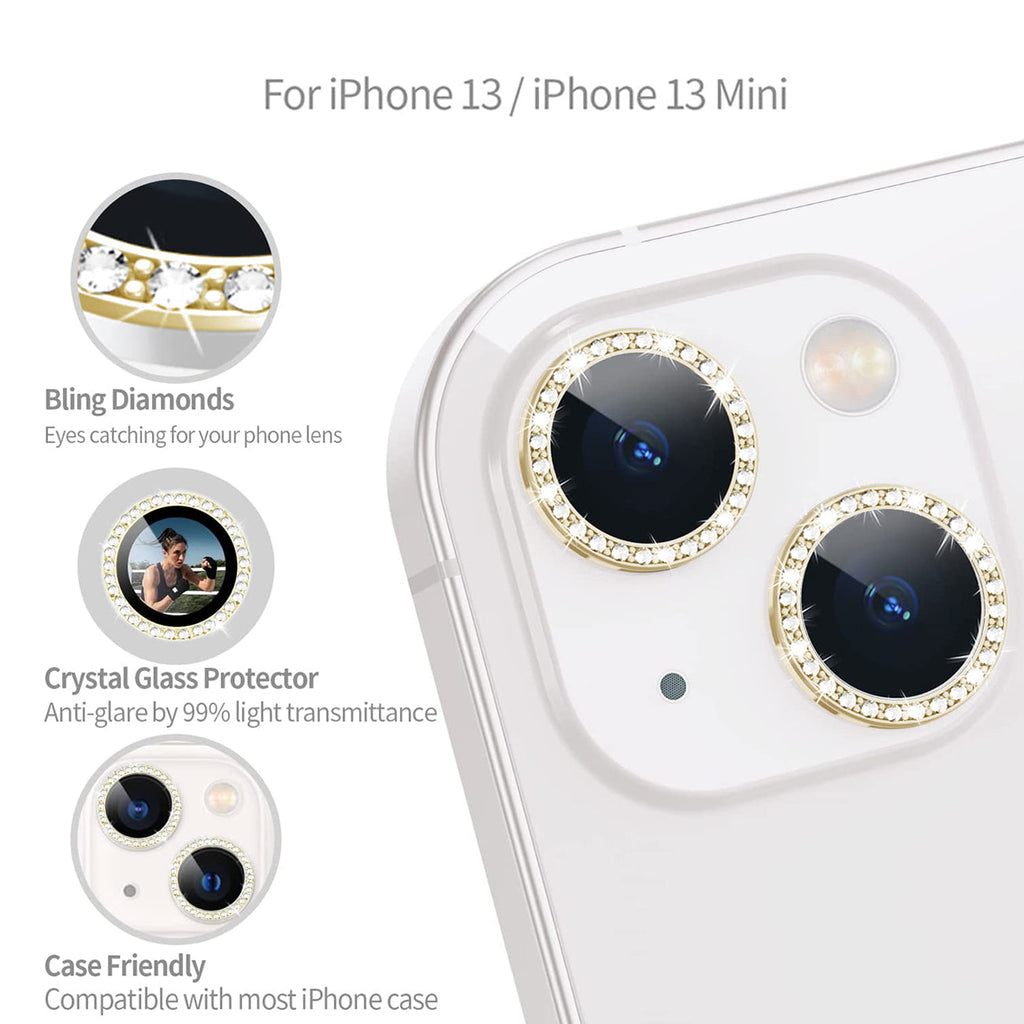 Diamond Camera Lens Protector, Diamond Tempered Glass Camera Cover Screen Protector For Iphone 14 / Iphone 14 Plus In Gold