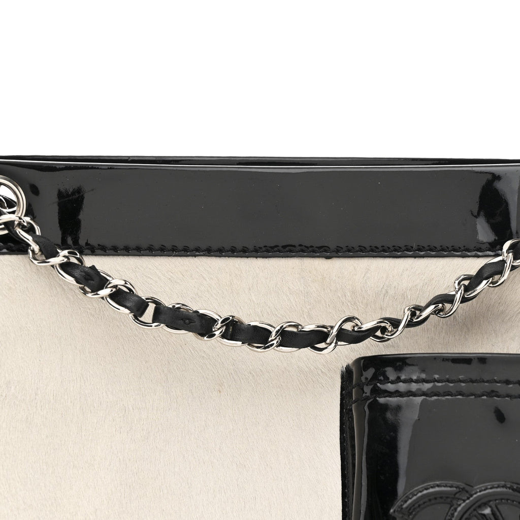 Patent Pony Hair Small Pocket Tote Black White