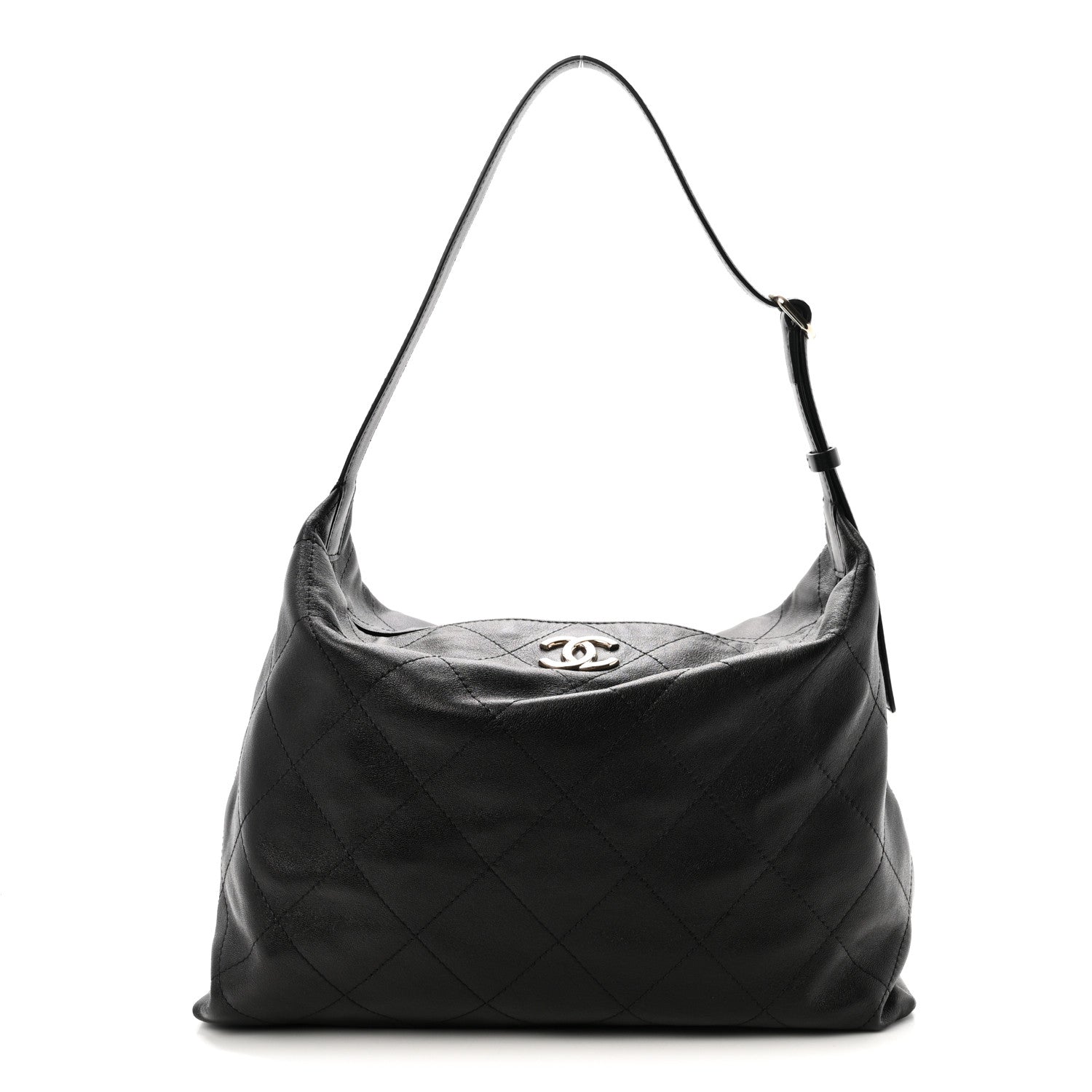 Shiny Lambskin Quilted Maxi Hobo Black