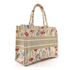 Canvas Embroidered Medium Hibiscus Book Tote Beige Multicolor