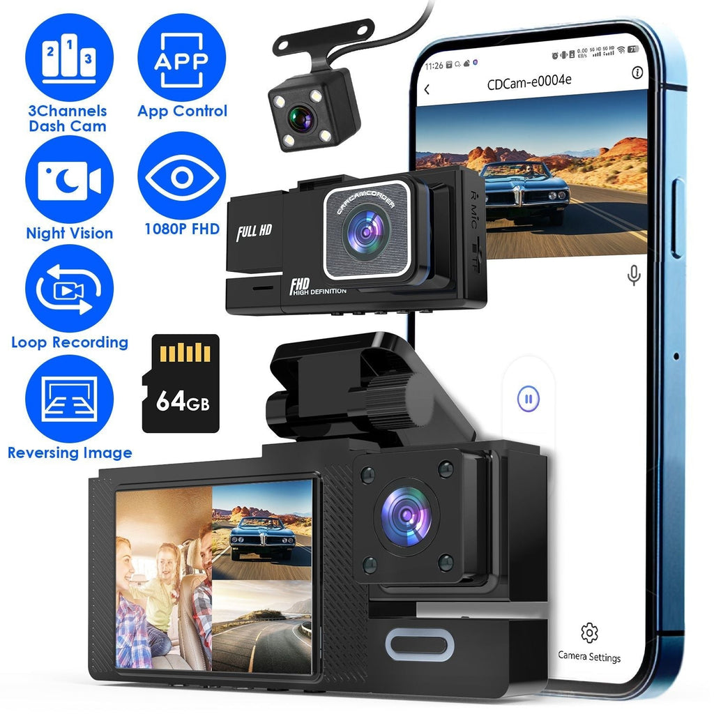 WiFi FHD 1080P Car Dash Cam 3 Channels Front Rear Inside Dash Camera with Loop Recording Reversing Image Night Vision 170° Wide Angle Support 64G MMC Card Included GPCT5431