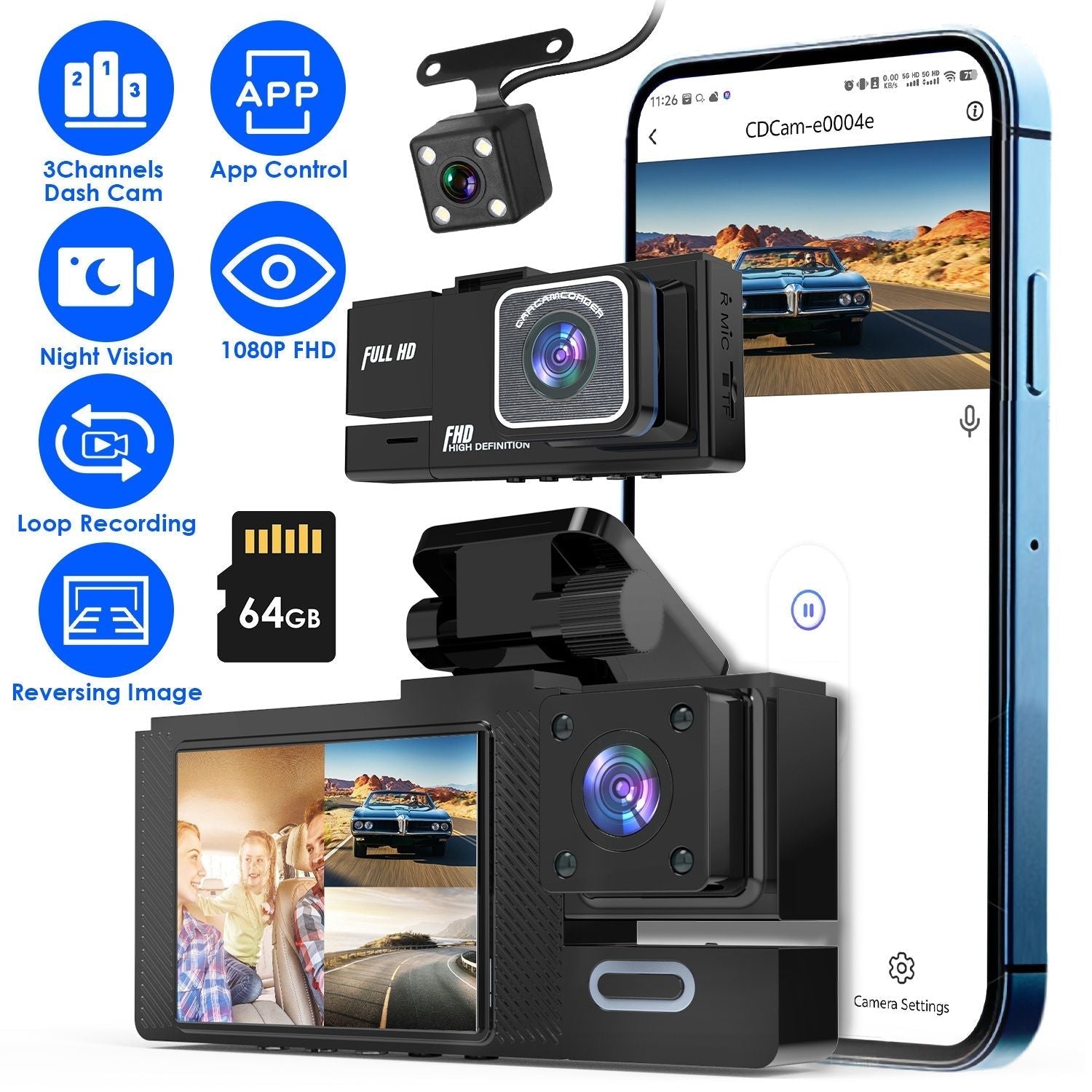 WiFi FHD 1080P Car Dash Cam 3 Channels Front Rear Inside Dash Camera with Loop Recording Reversing Image Night Vision 170° Wide Angle Support 64G MMC Card Included GPCT5431