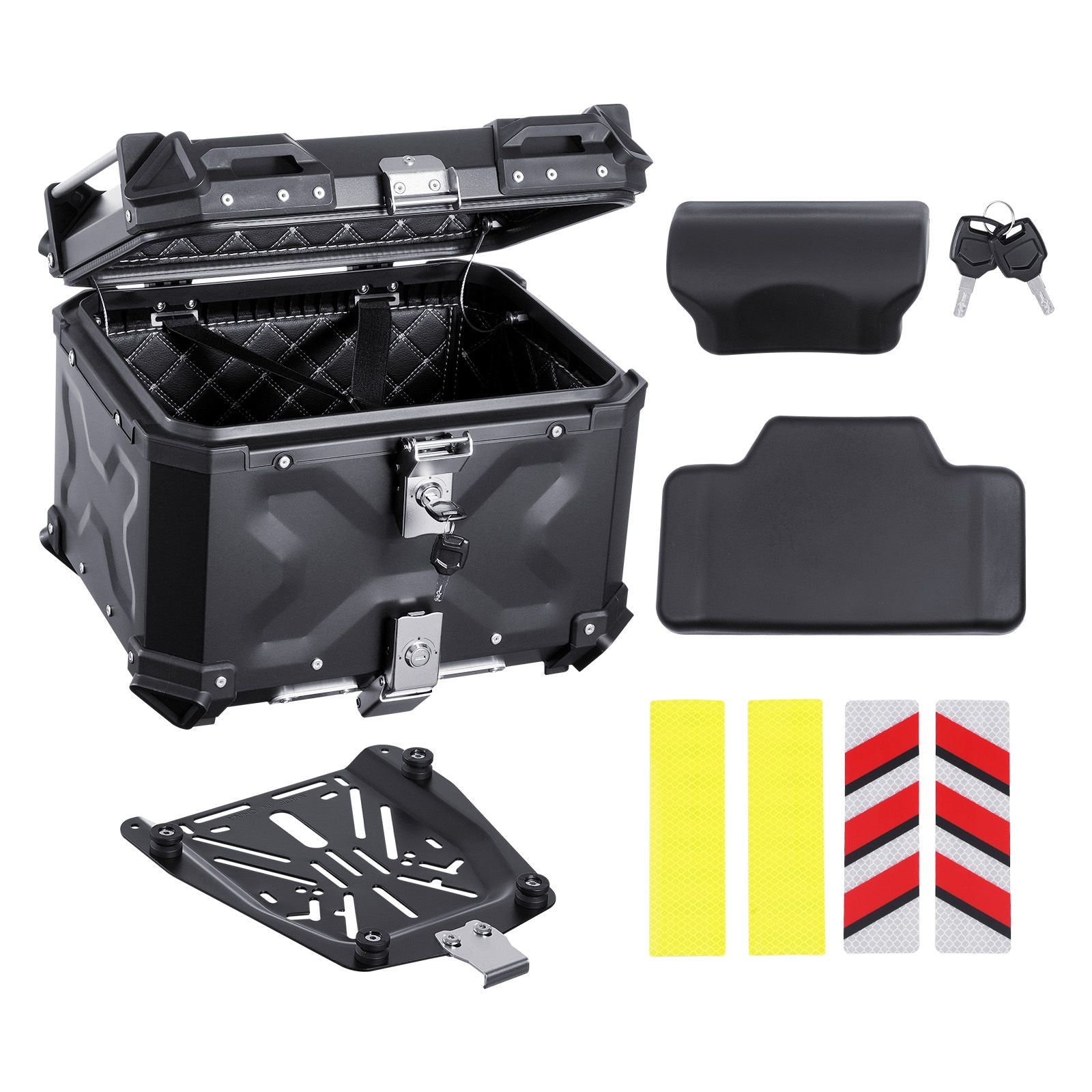 Motorcycle Top Case, Universal Aluminum Alloy Motorbike Tail Box with Leather Lining, 55L Waterproof Detachable Motorcycle Top Box with Lock & Back Cushion, Fit for 99% of Motorcycle Frames
