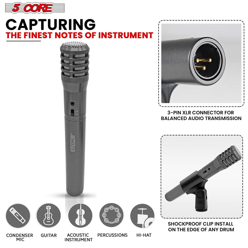 Professional Instrument Microphone Pencil Mic Condenser Cardioid Unidirectional Stick Microfono with Windscreen Mic Clip & Case - INSTRU MIC 100 GREY