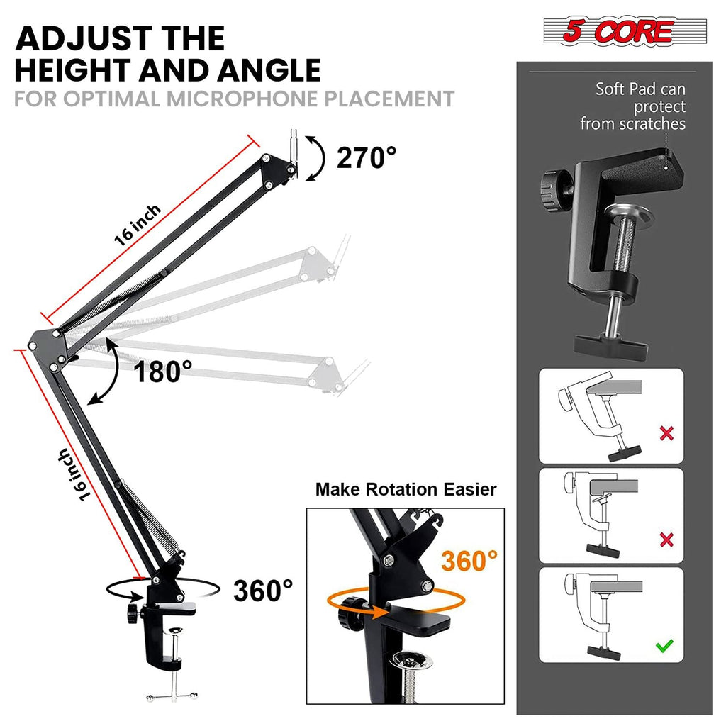 Microphone Arm Stand Upgraded Adjustable Suspension Boom Scissor Arm Mic Holder with Pop Filter 3/8" to 5/8" Adapter Mic Clip Shock Mount Cable Ties ARM SET 16