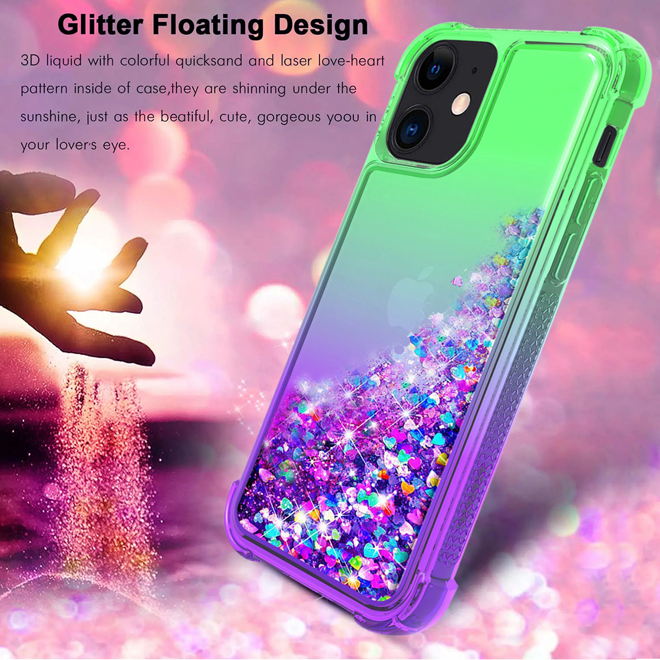 Shiny Flowing Glitter Liquid Bumper Case For Apple Iphone 12 Mini In Green