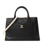 Grained Calfskin Small Bi-Color Neo Executive Shopper Tote Black Beige