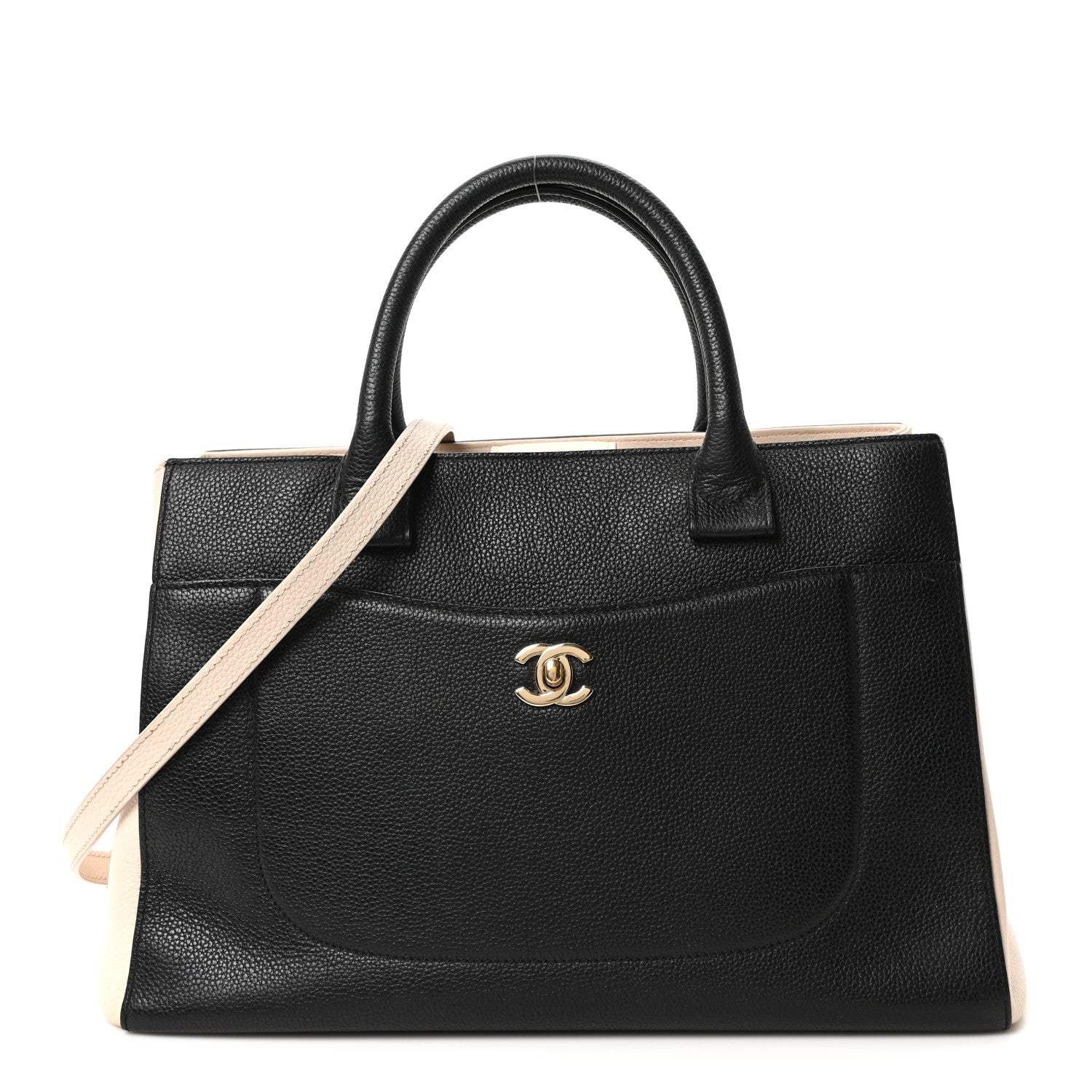 Grained Calfskin Small Bi-Color Neo Executive Shopper Tote Black Beige