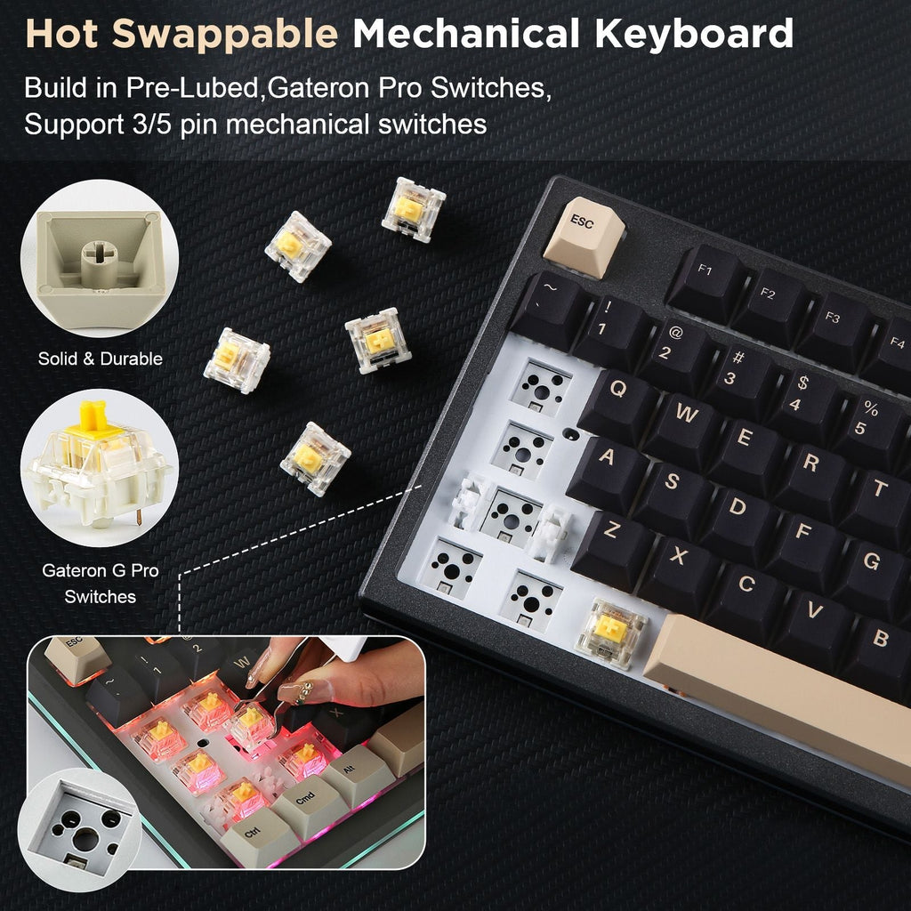 YZ75 75% Hot Swappable Wireless Gaming Mechanical Keyboard, RGB Backlights, BT5.0/2.4G/USB-C, Dye Sub PBT Keycaps for Linux/Win/Mac white-Gateron Black Switch