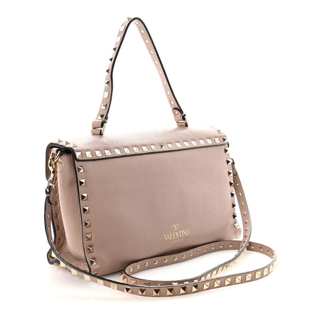 Pebbled Calfskin Medium Rockstud Top Handle Shoulder Bag Poudre
