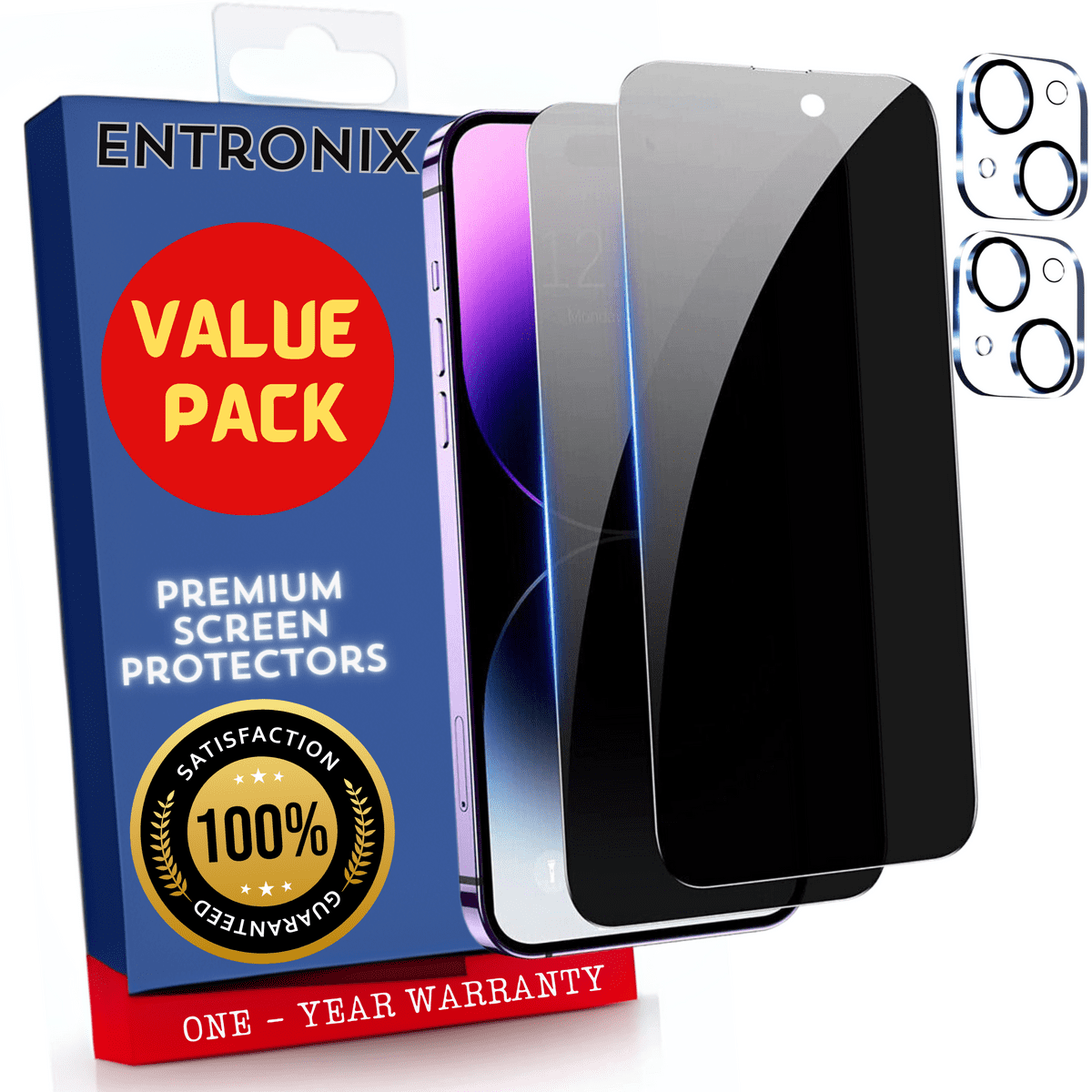 Entronix Anti-Spy Privacy Screen Protector & Camera Lens Protector Compatible with iPhone 15 - 4-Piece Combo