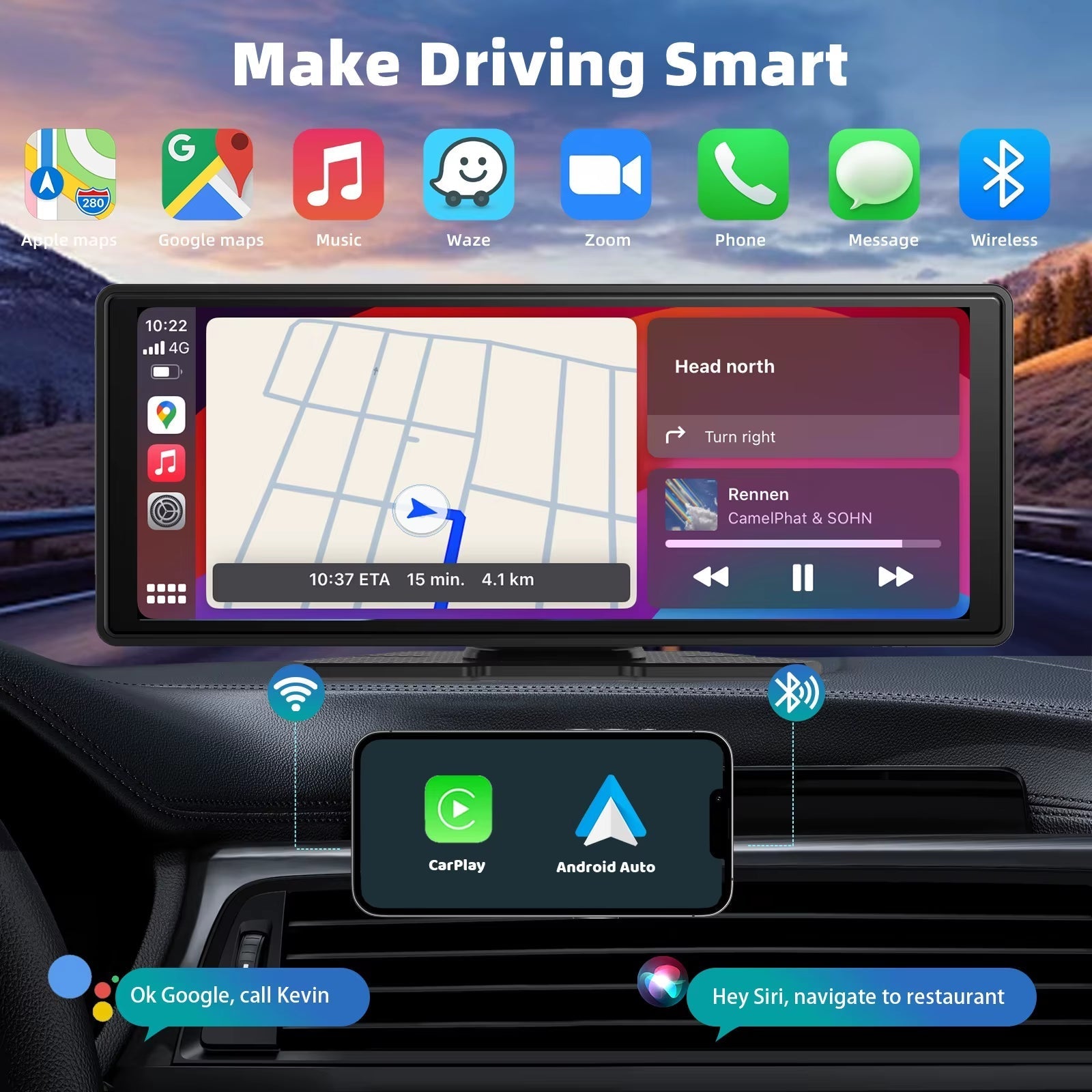 Portable Wireless CarPlay and Android Auto Car Stereo with 10.26-Inch HD Touchscreen, Mirror Link, and Backup Camera