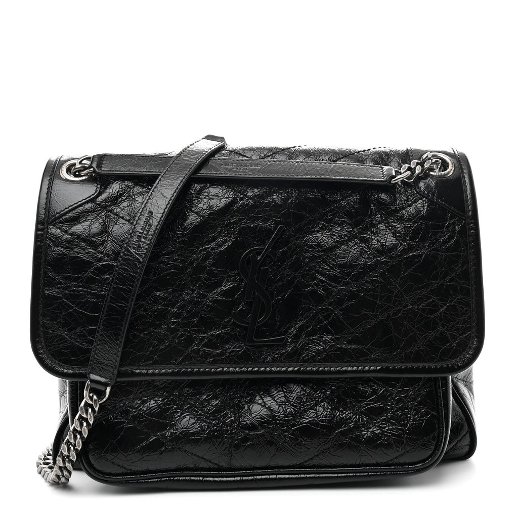 Crinkled Calfskin Matelasse Monogram Medium Niki Chain Satchel Black