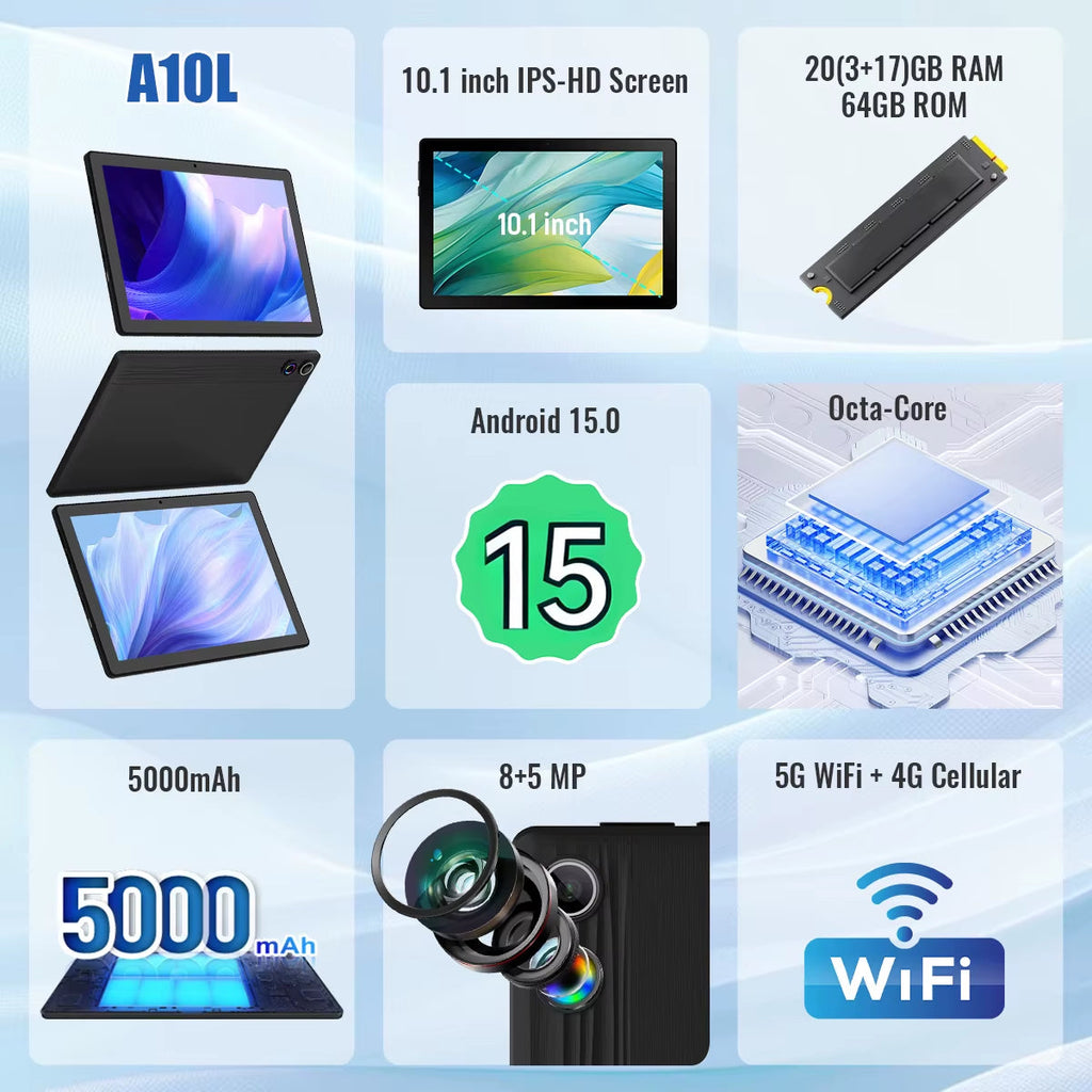 Android 15 Tablet - 10 Inch, 20GB RAM, 64GB Storage (Expandable to 1TB) with Widevine L1, GMS, 5000mAh Battery, Stylus, Keyboard, Mouse, Headphones