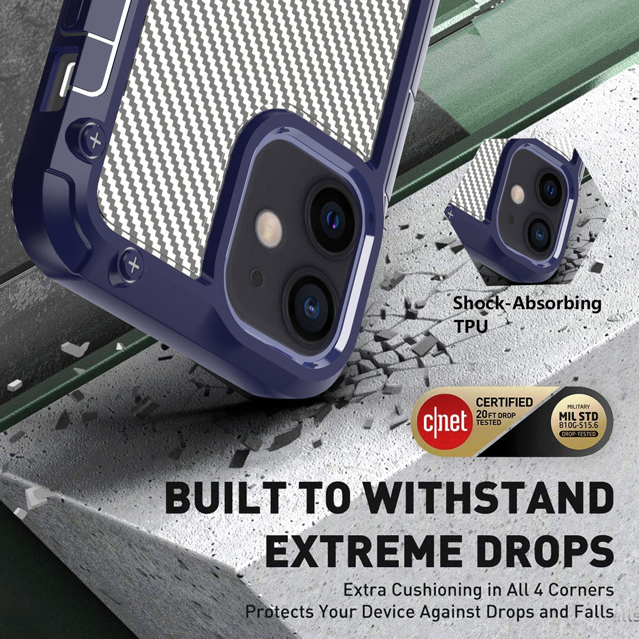 Reiko Shockproof Pc Bumper Case With Carbon Fiber Pattern In Navy For Iphone 12 Mini
