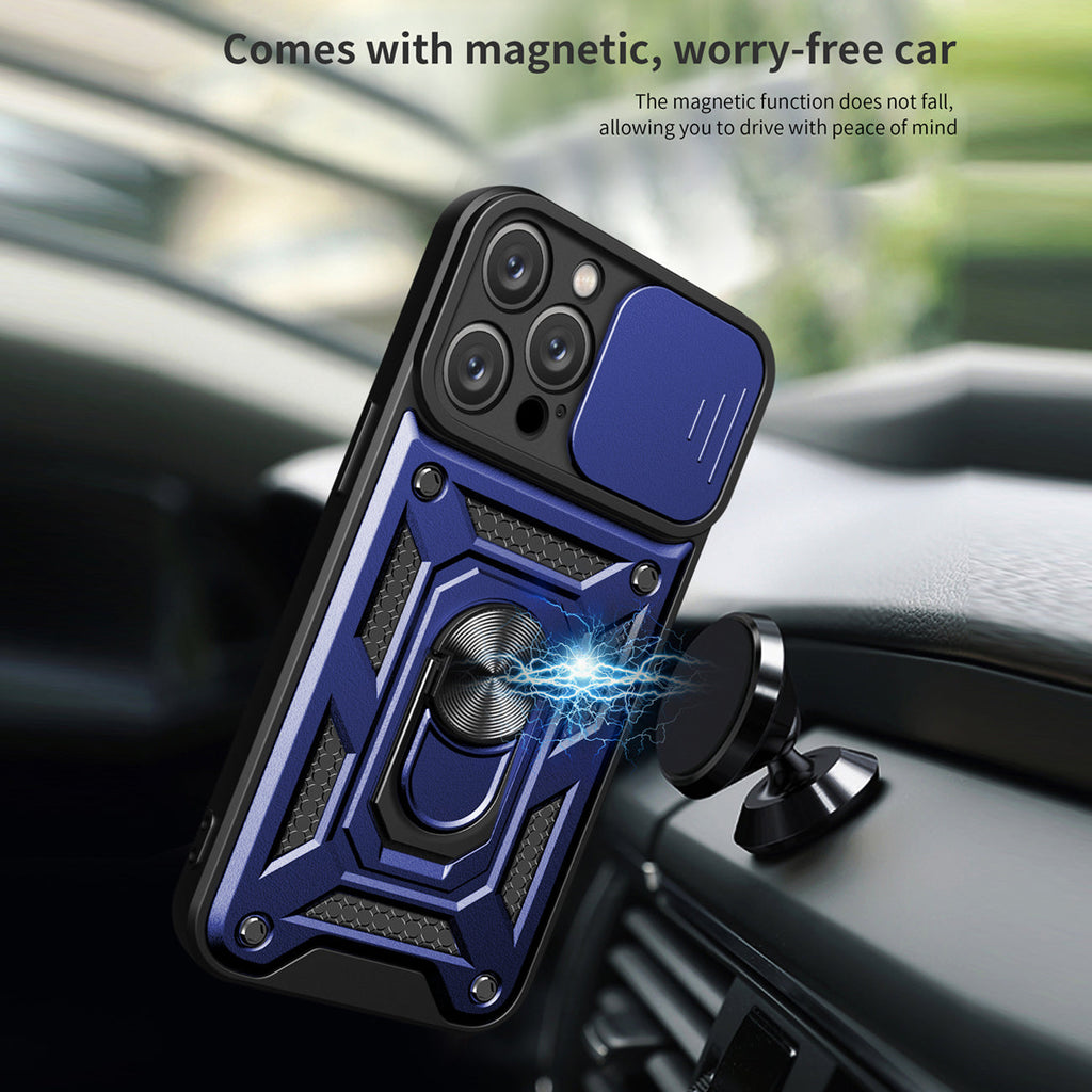 Kickstand Ring Holder With Slide Camera Cover Tpu Magnetic Car Mount For Apple Iphone 14 Plus In Blue