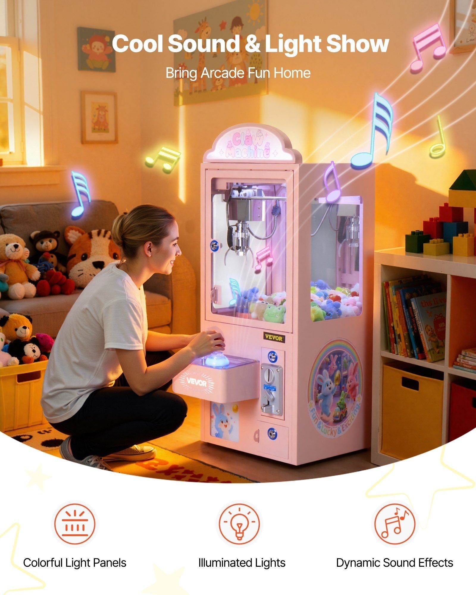 Claw Crane Machine, Medium-Sized Arcade Game Machine with Light & Sound, Adjustable Steel Claws, Precise Toy Candy Grabber Prize Dispenser Vending Toy, for Commercial Home Parties Cinema, Pink