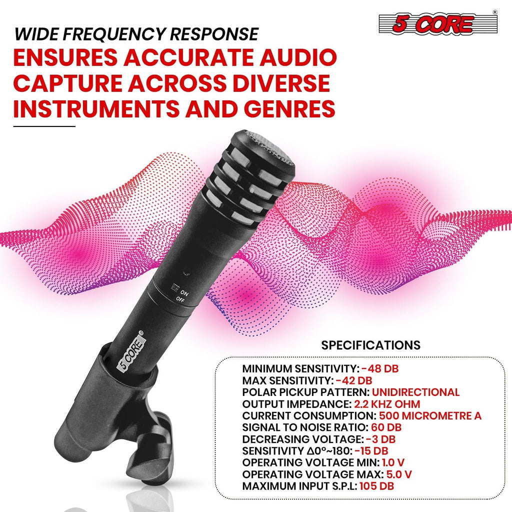 Professional Instrument Microphone Pencil Mic Condenser Cardioid Unidirectional Stick Microfono with Windscreen Mic Clip & Case - INSTRU MIC 100 BLK