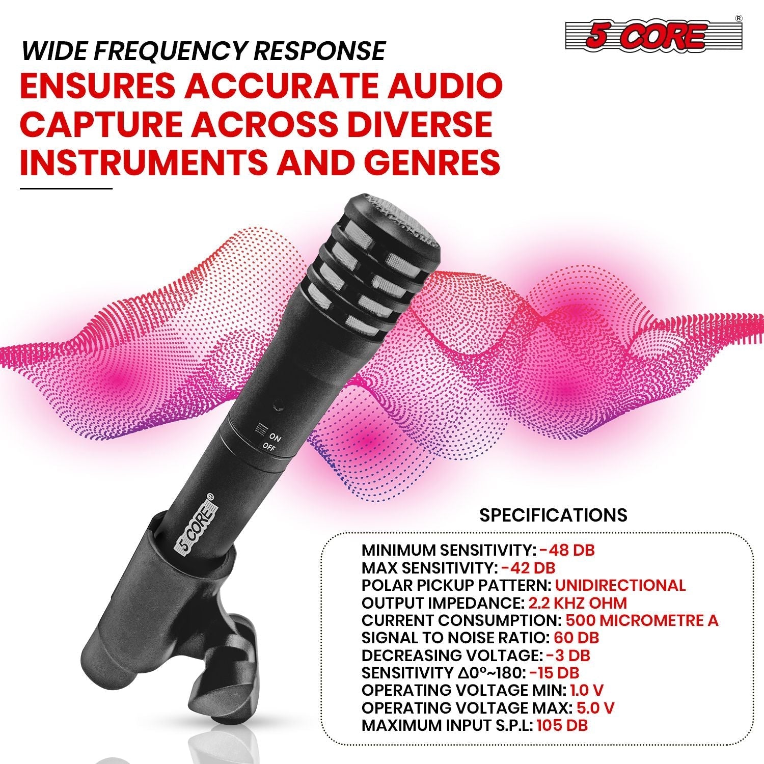 Professional Instrument Microphone Pencil Mic Condenser Cardioid Unidirectional Stick Microfono with Windscreen Mic Clip & Case - INSTRU MIC 100 BLK