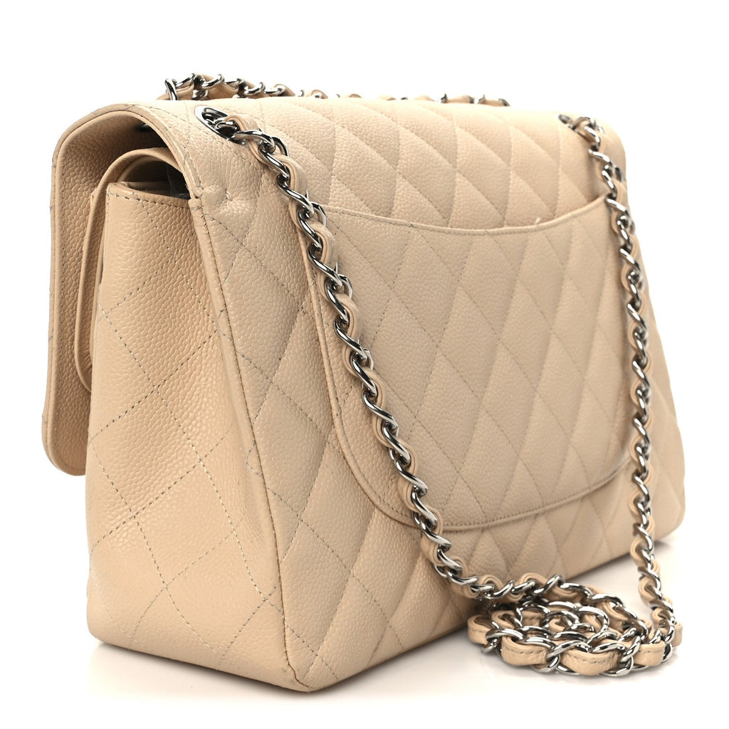 Caviar Quilted Jumbo Double Flap Beige