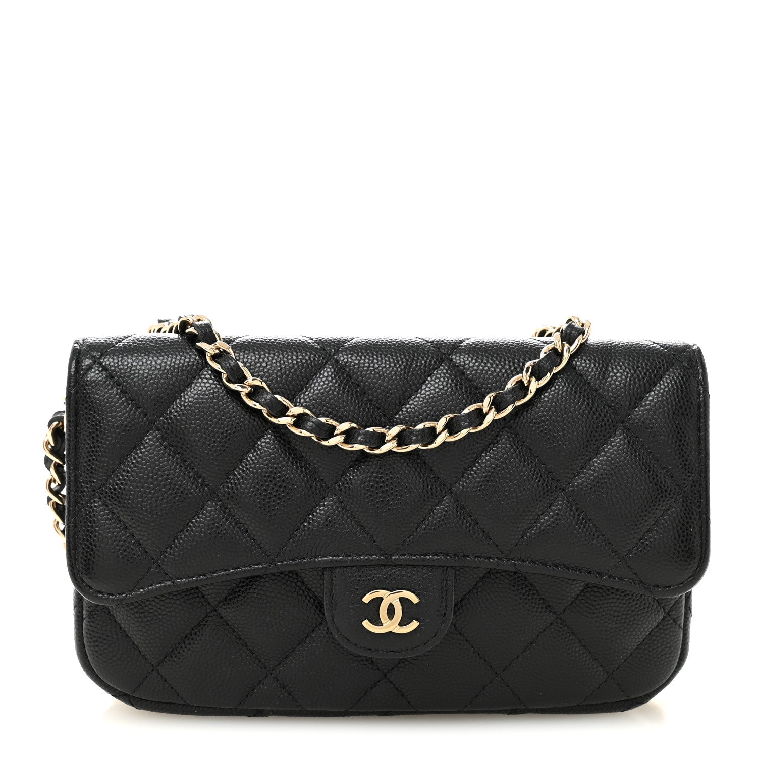 Caviar Quilted Flap Phone Holder With Chain Black