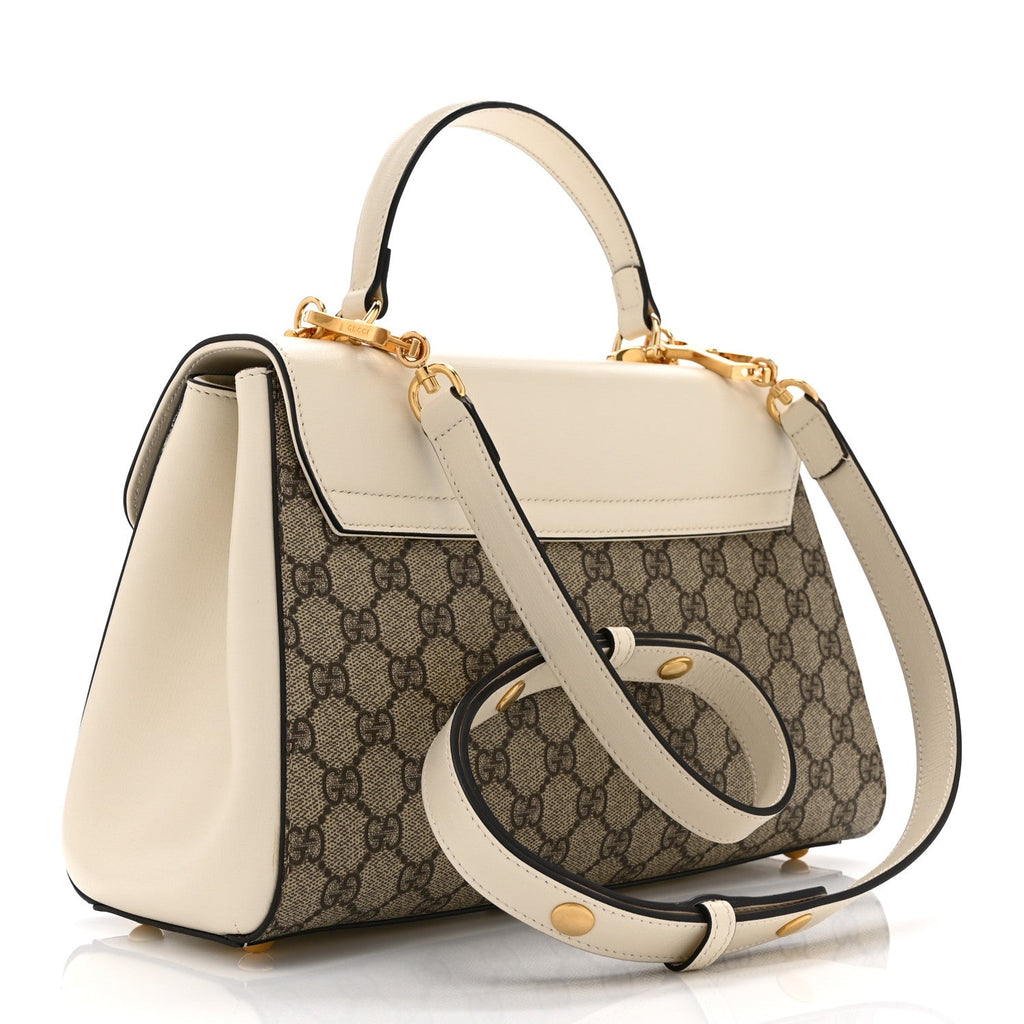 GG Supreme Monogram Calfskin Medium Horsebit 1955 Top Handle Bag Beige Ebony Mystic White