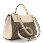 GG Supreme Monogram Calfskin Medium Horsebit 1955 Top Handle Bag Beige Ebony Mystic White
