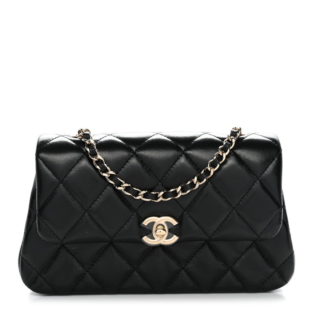 Lambskin Quilted Rectangular Phone Holder Clutch With Chain Black