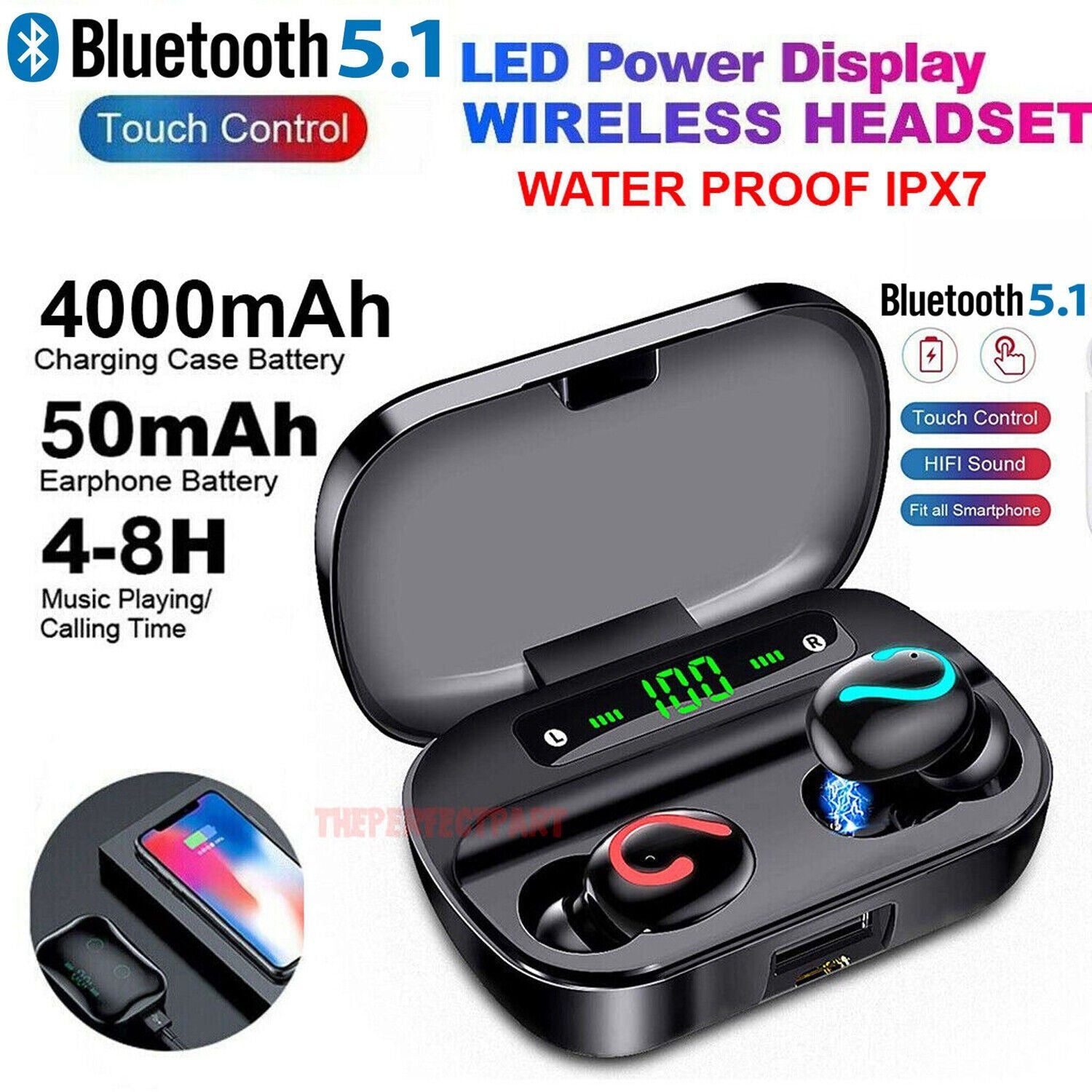 Bluetooth 5.1 Headset TWS Wireless Earphones Mini Earbuds Stereo Headphones IPX7 - TWS 4000mAh IPX7 Earbuds