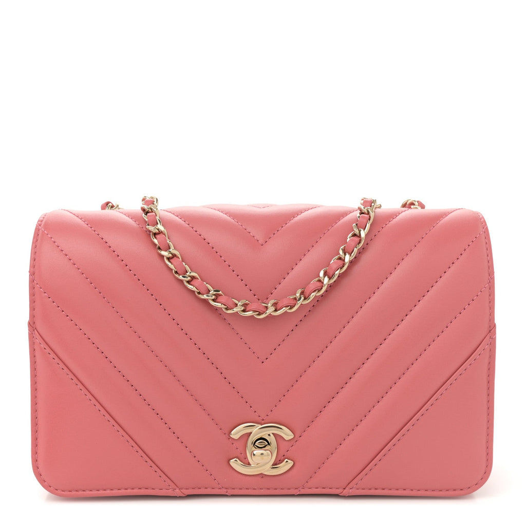 Calfskin Chevron Quilted Mini Statement Flap Pink
