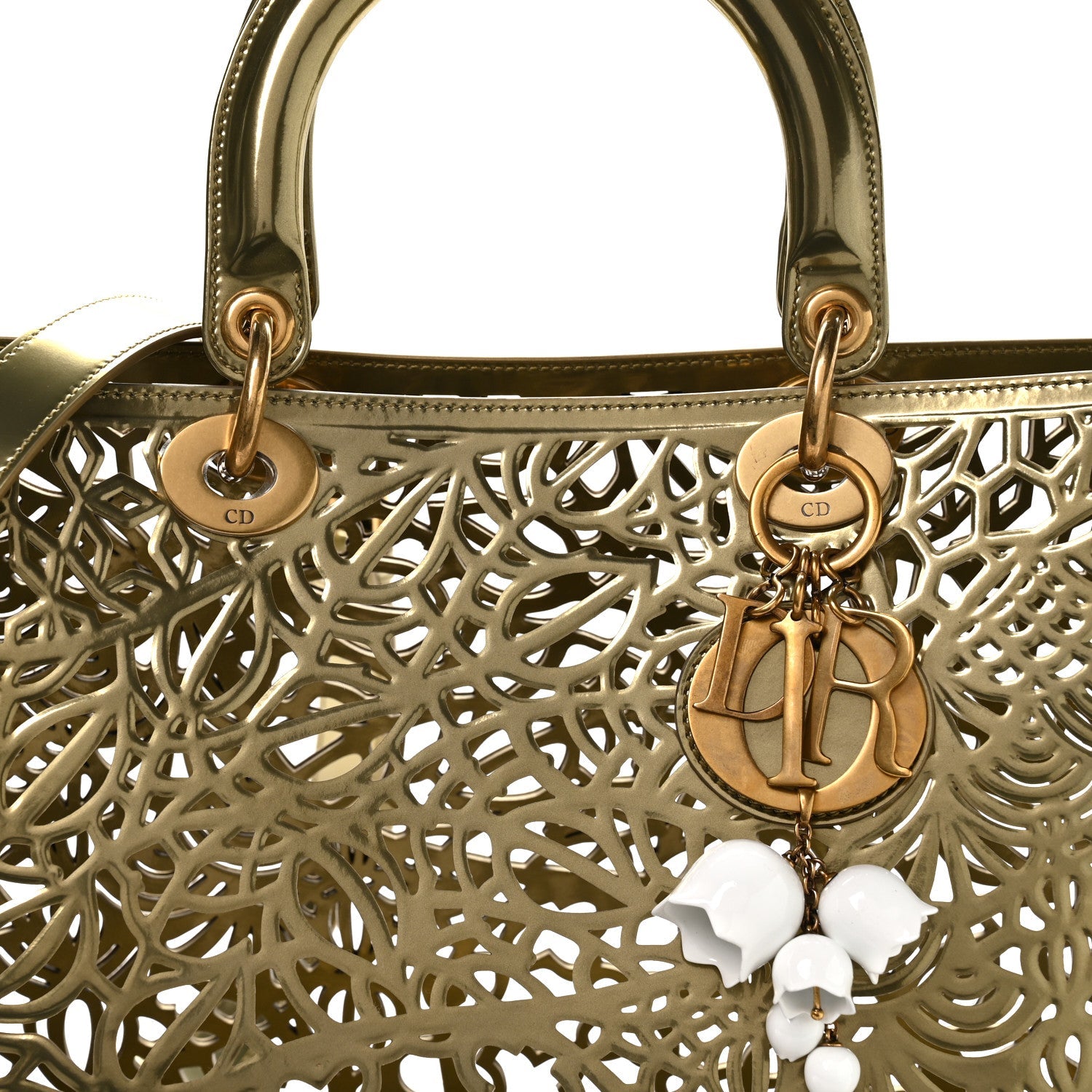 X DAVID WISEMAN Metallic Calfskin Laser Cut Large Lady Dior Gold